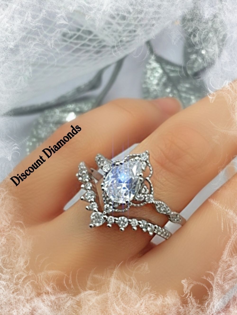2 Ring Set - Clear White Diamond Wedding or Engagement Rings on 925 Silver